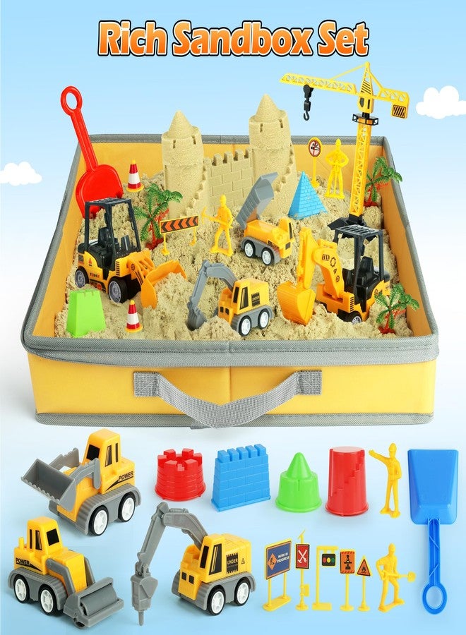 Helsort Sand Construction Site Kit - 37 Pcs Play Sand Art Kit with 8 Construction Trucks, Folding Sandbox, 2.2 lbs Magic Sand, Crane, Worker, Road Signs, Molds, Shovel - Ideal Toys for Boys Girls Age 3+ - Image 5